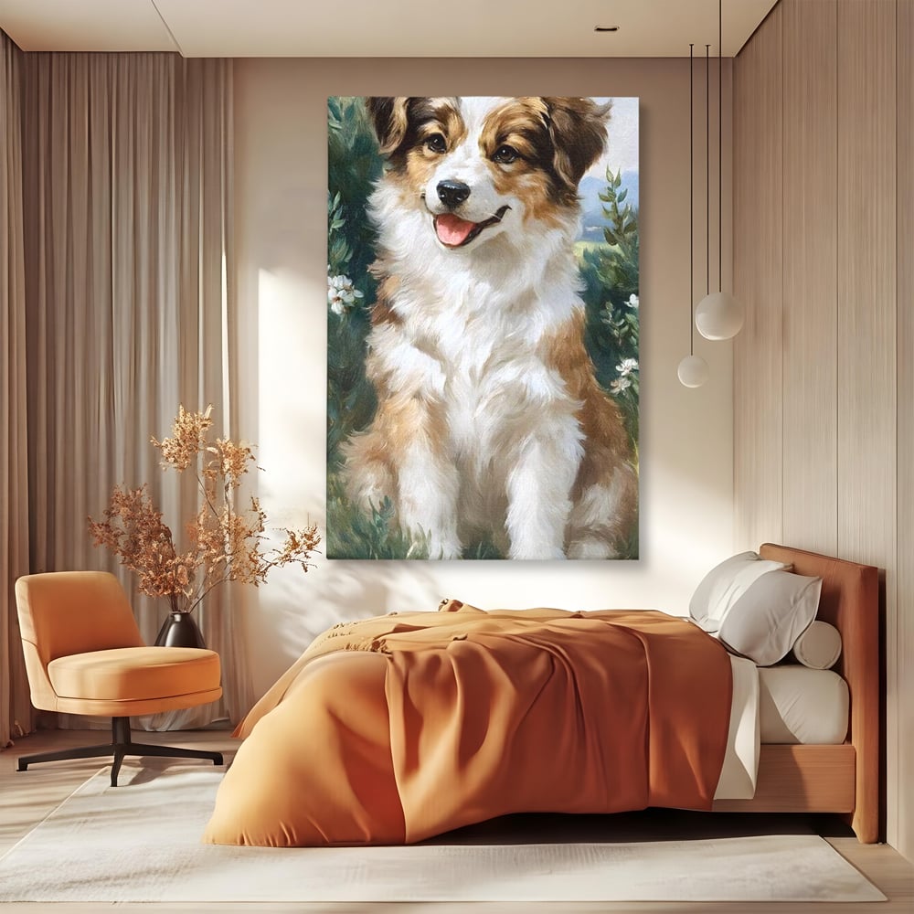 Tablou canvas cu tablou canvas cu catel prietenos in gradina, fara rama, pe sasiu de lemn, pe perete intr-un dormitor